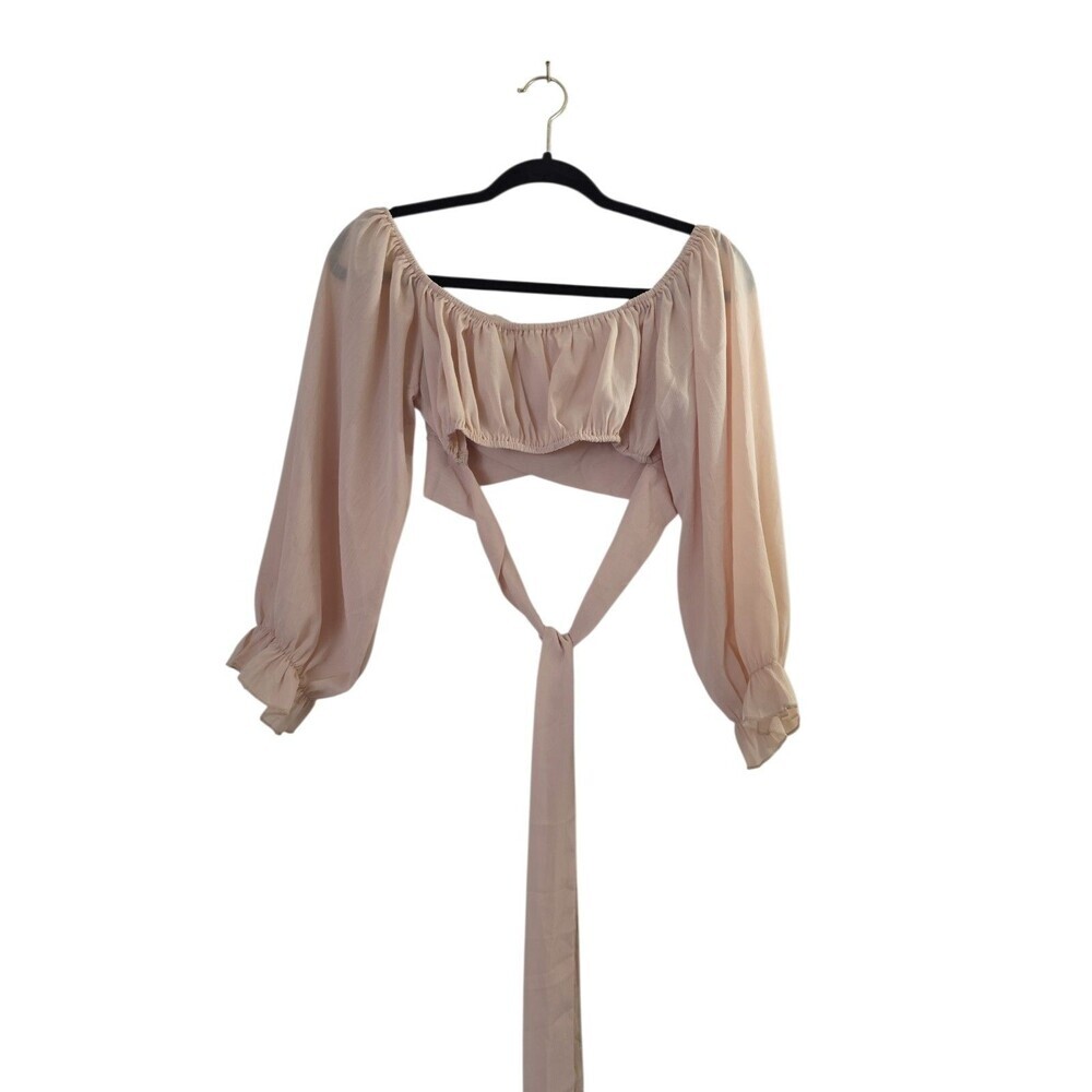 Lyaner Women's Tan Crop Top Blouse, Long Sleeve, Off-Shoulder, Size M - Picture 2 of 3